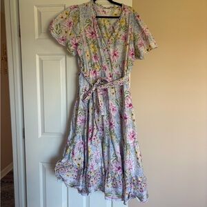 crown & ivy Pink Floral Wrap Midi Dress with Yellow Accents